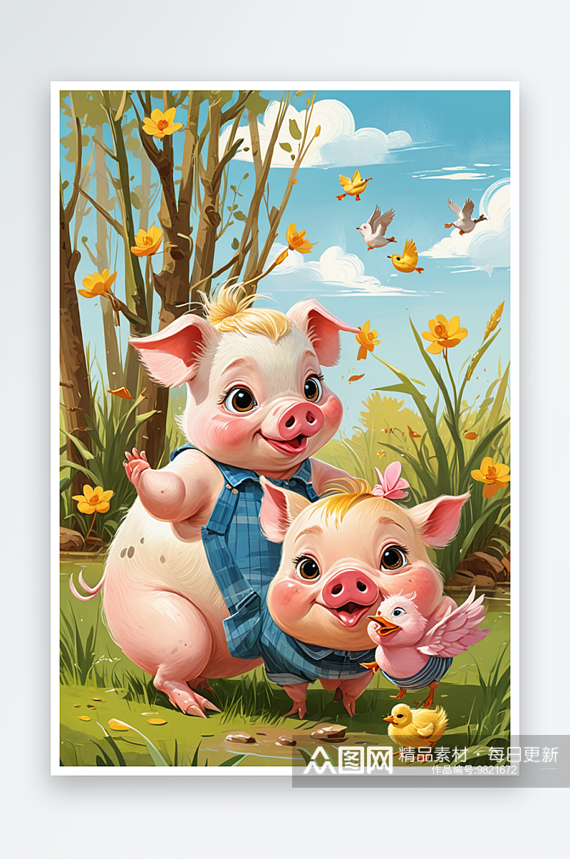 小猪和小鸭子的故事萌趣可爱的动物儿童插画素材