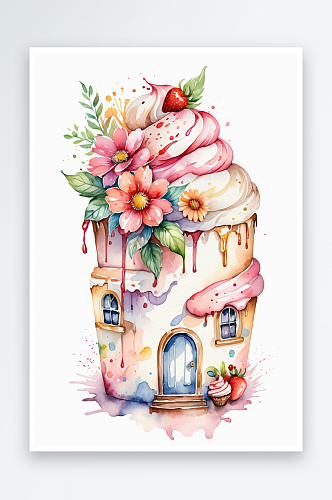 水彩插画童趣可爱的蛋糕冰淇淋花朵纸杯蛋糕