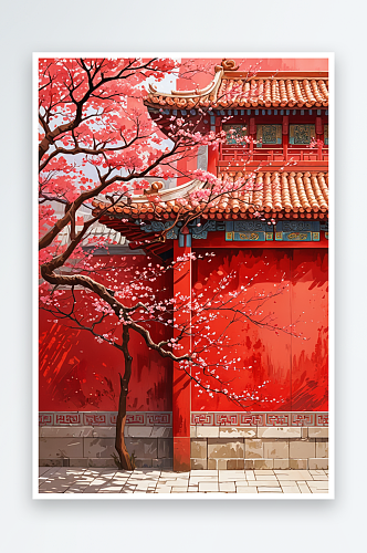 数字艺术中式建筑红墙琉璃瓦春季场景图书丛