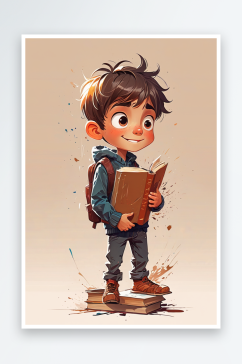 数字艺术一个男孩手捧着书插画