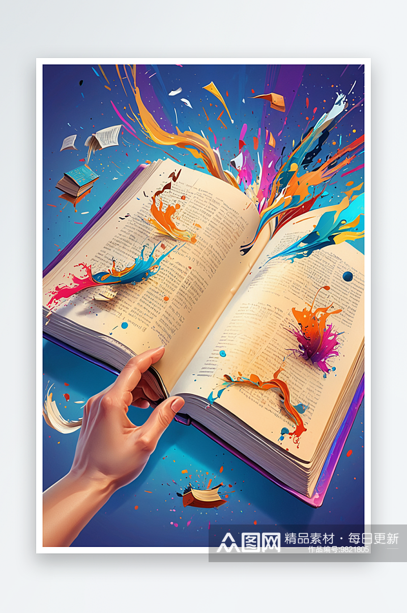 数字艺术绚丽的打开的书本爆发出多彩的能量素材