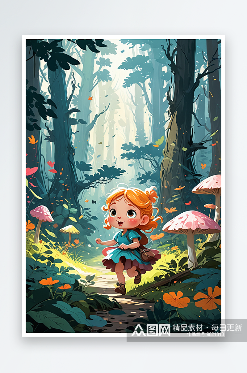 数字艺术小女孩童话森林冒险现实奇幻卡通风素材