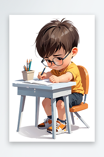 数字艺术趴着桌子学习的可爱男生插画