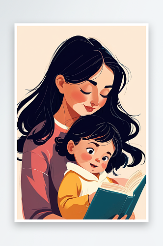 数字艺术妈妈和孩子一起看书插画亲子阅读概