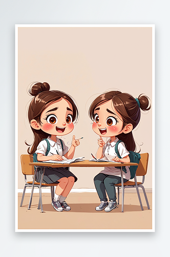 数字艺术两个卡通女孩在课堂交流插画
