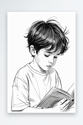数字艺术黑白线稿插画读书的小男孩