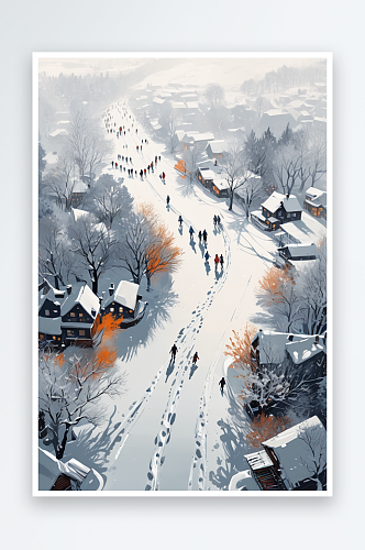数字艺术航拍冬天在雪地上行走的人