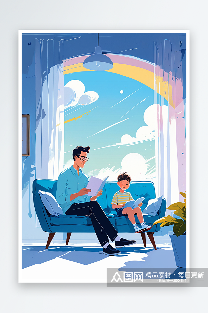 数字艺术父亲坐在沙发上陪孩子阅读插画素材