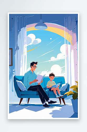 数字艺术父亲坐在沙发上陪孩子阅读插画