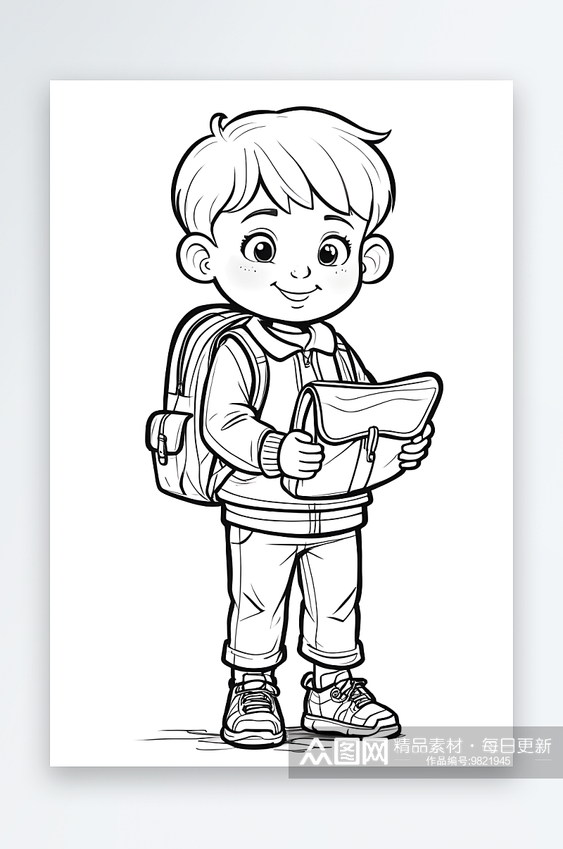 数字艺术背着书包的小孩素描风格的着色书插素材