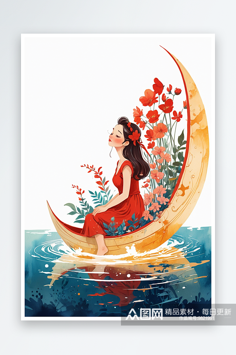 人物插画系列坐在月亮船上的红裙子女孩素材