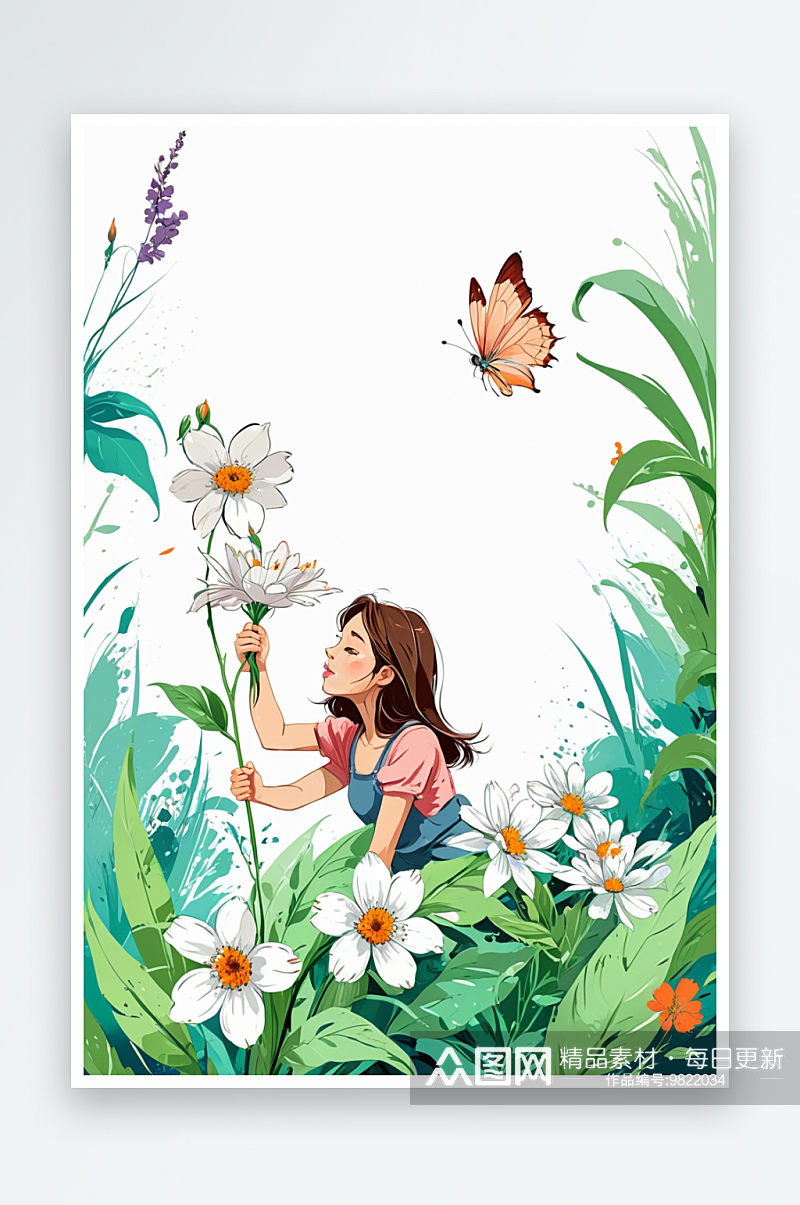 女孩与花插画艺术图片素材