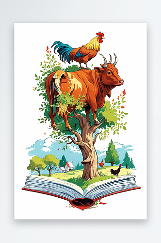 牛年牛插画站在书本树上的牛和公鸡步步高升