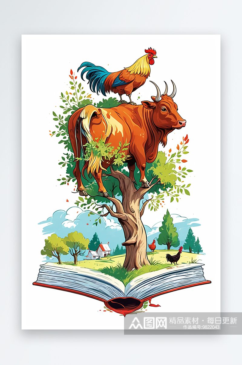 牛年牛插画站在书本树上的牛和公鸡步步高升素材
