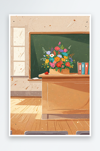教师节讲台上的花和没有人的教室