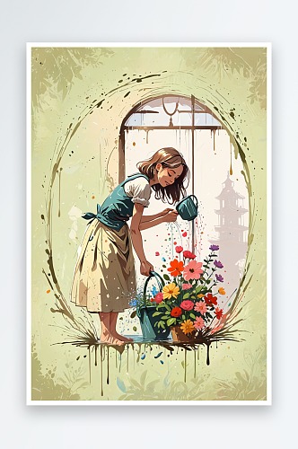 浇花的女孩插画艺术图片