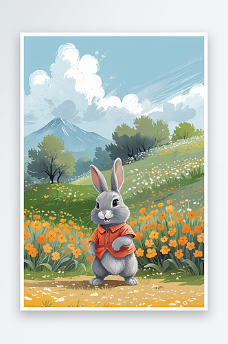 花丛中的可爱小灰兔萌趣可爱的动物儿童插画