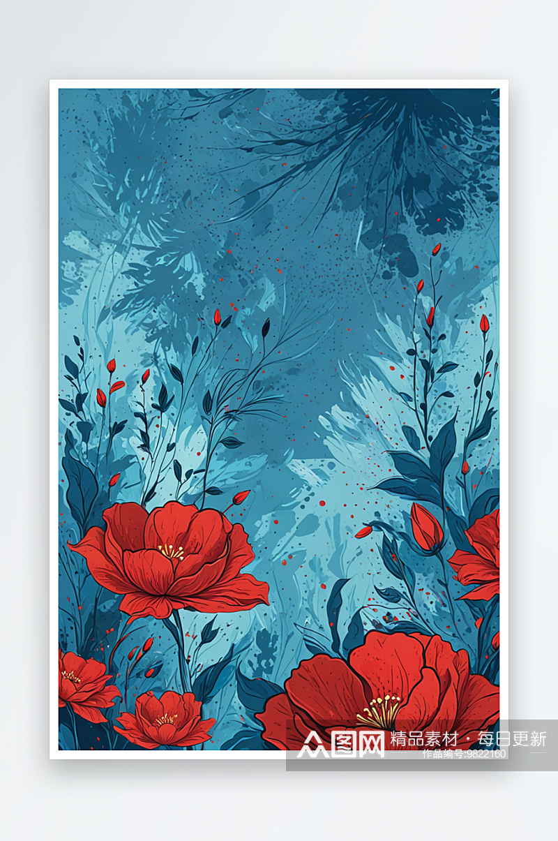 红色的花盛开在蓝色的背景插画素材