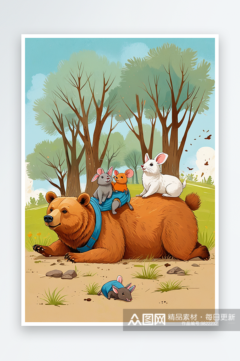 地面的熊和胸背上的老鼠兔子萌趣可爱的动物素材