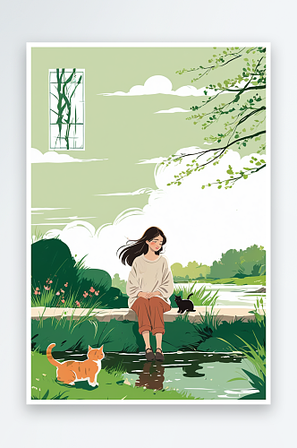 春天的微风中一个女孩带着猫咪坐在小河边