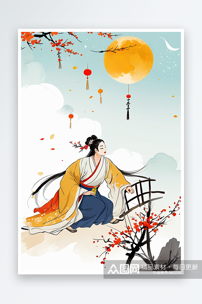 传统文化古代服装中秋节赏月文学插图素材