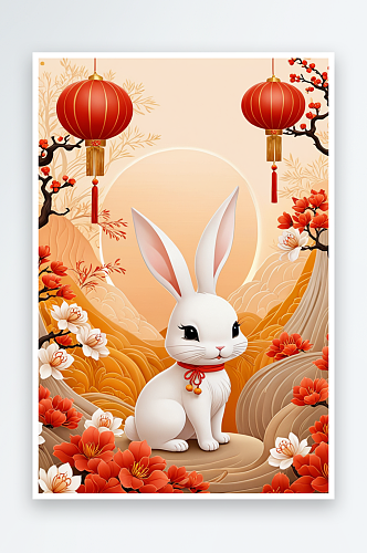 中式建筑可爱的兔子庆祝传统中秋佳节