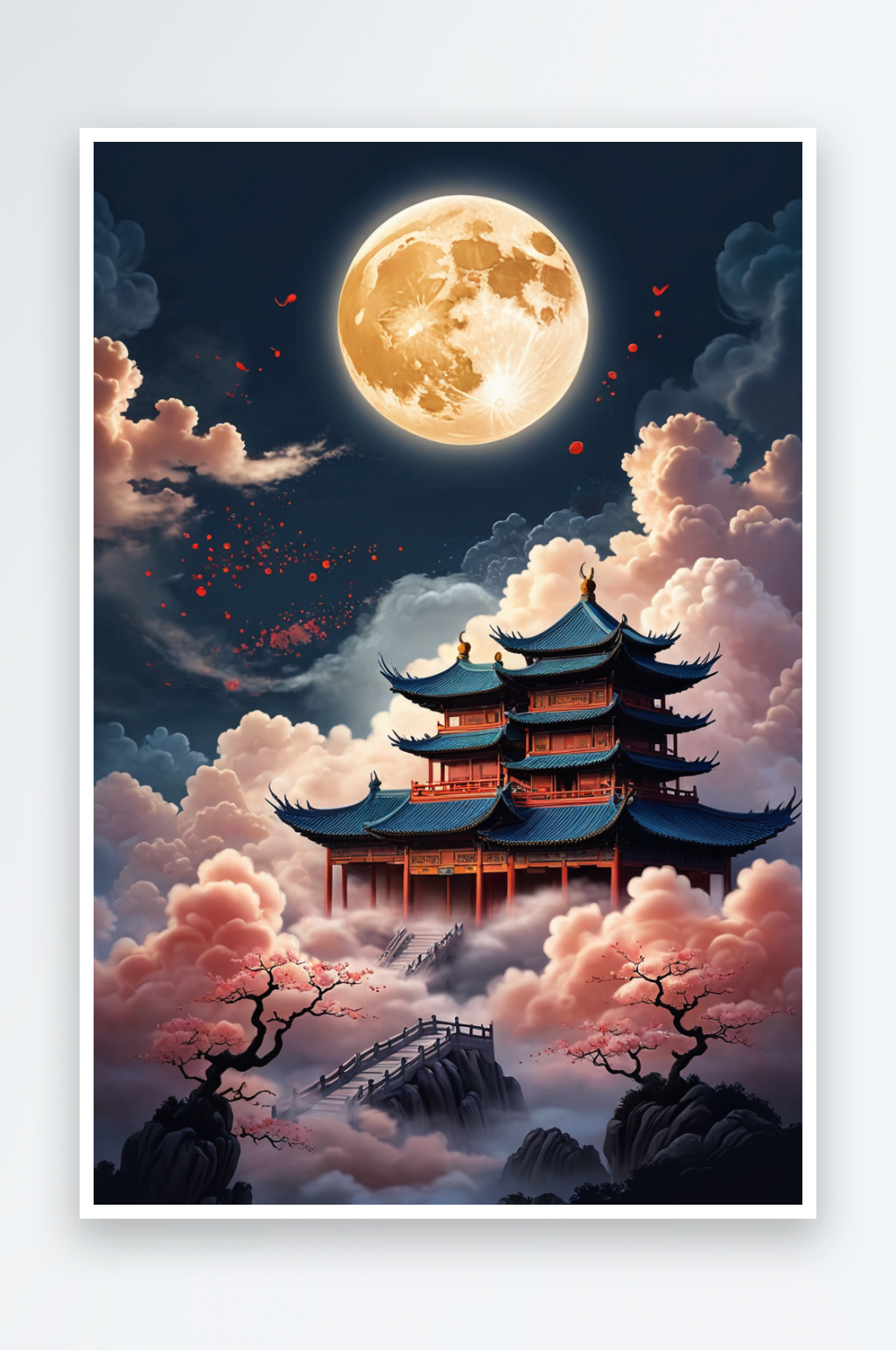中风月亮祥云插画素材