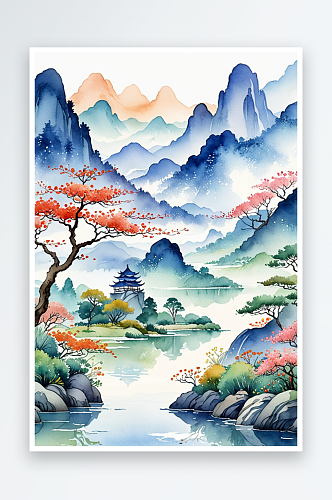 手绘中风小清新水彩风格山水风景插画