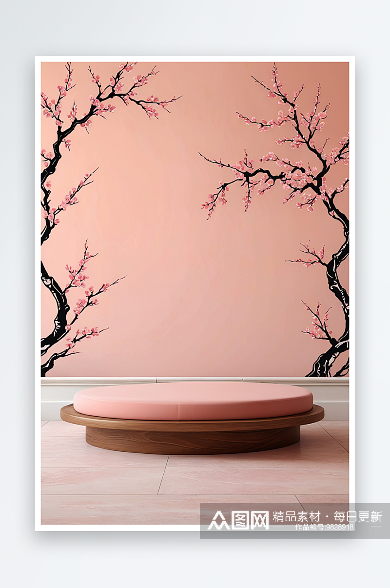 梅花桃花粉色背景墙与圆形平台展台素材
