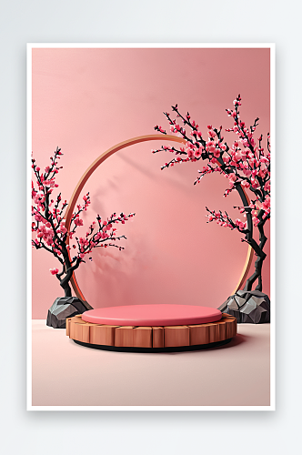 梅花桃花粉色背景墙与圆形平台