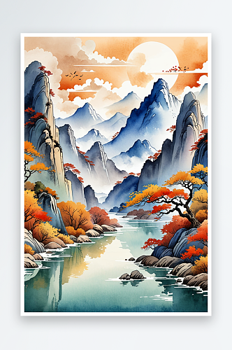 复古画画轴水彩风格山河秋色插画背景图