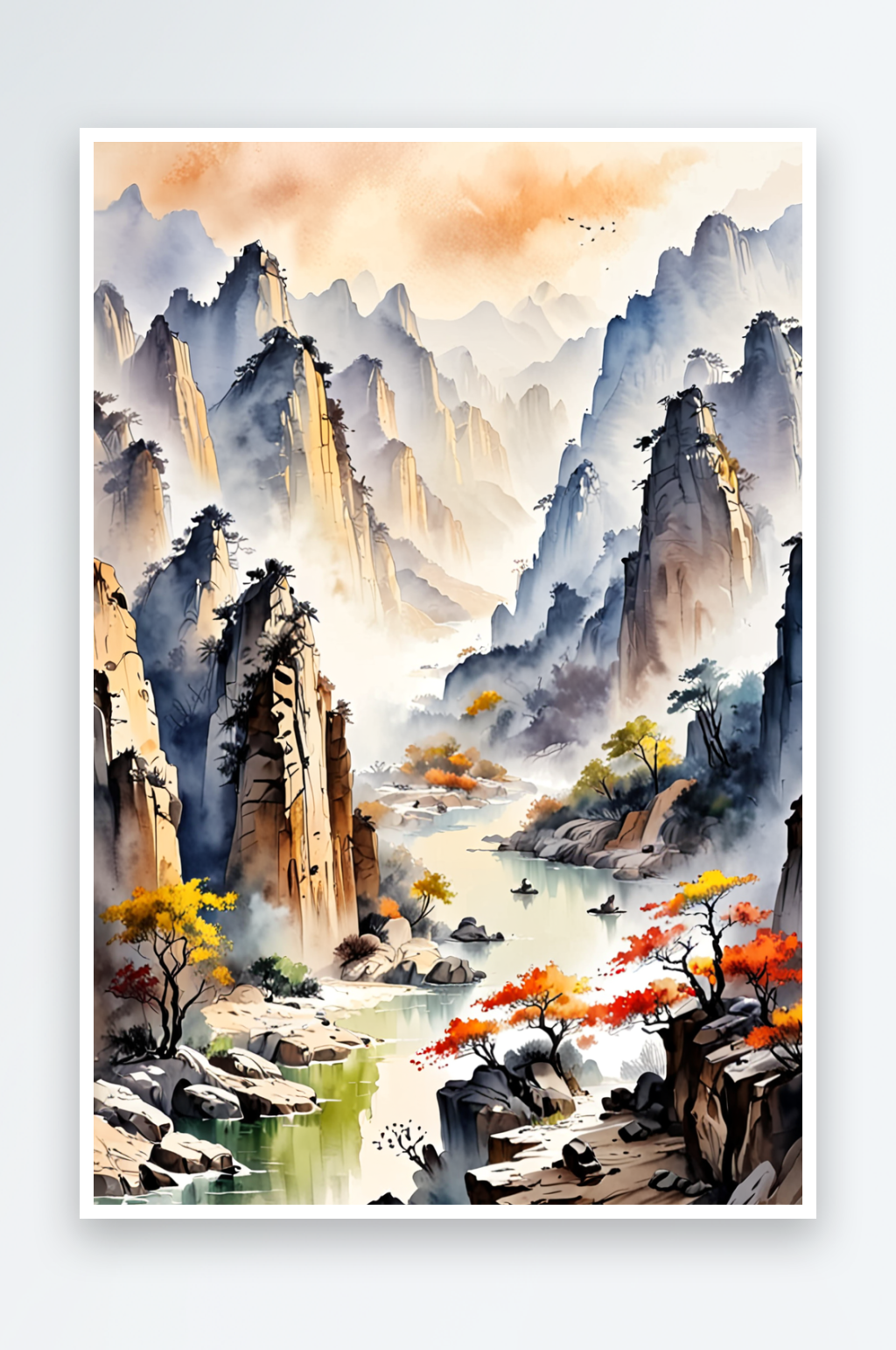 中画风格峡谷图片素材