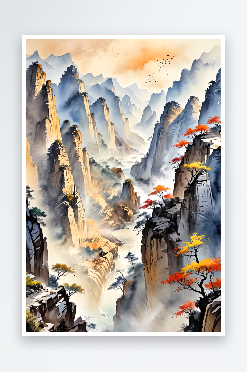 中画风格峡谷风光图素材