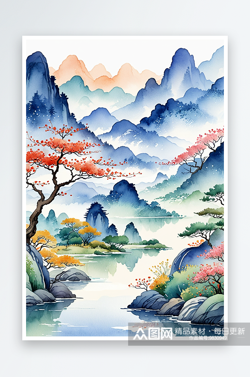 手绘中国风小清新水彩风格山水风景插画素材