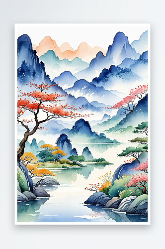 手绘中国风小清新水彩风格山水风景插画