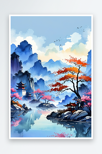 手绘中国风小清新水彩风格山水风景
