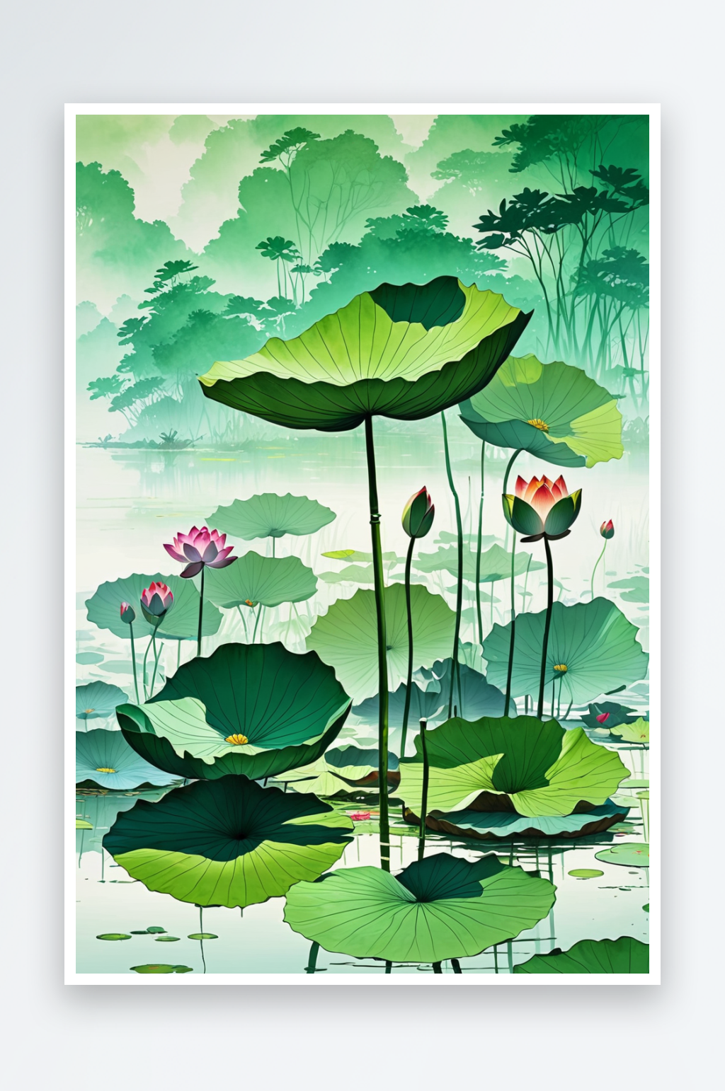 清新山水画水墨画青绿山水荷塘荷花莲花莲蓬素材