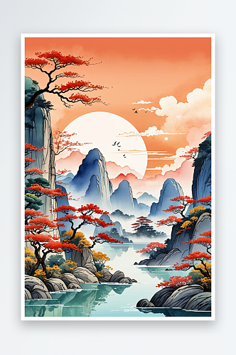 复古国画画轴水彩风格山水插画背景图