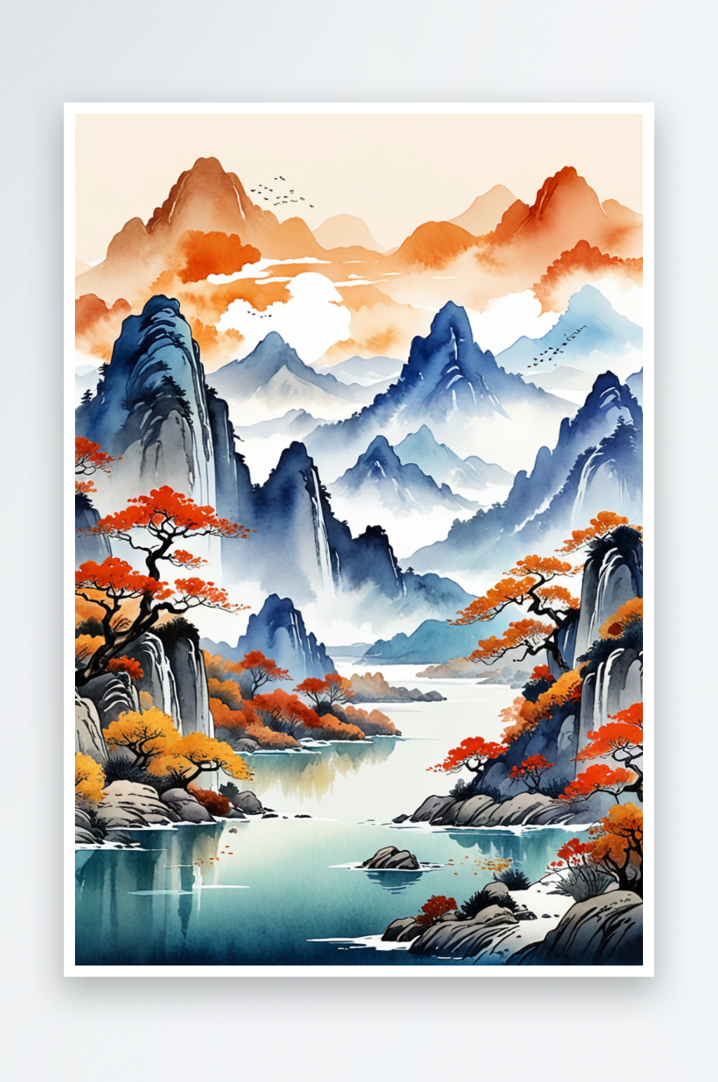 复古国画画轴水彩风格山河秋色插画背景图素材