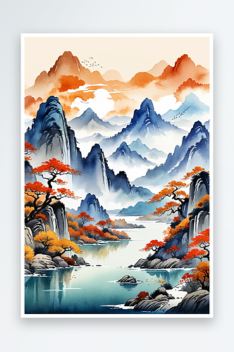 复古国画画轴水彩风格山河秋色插画背景图