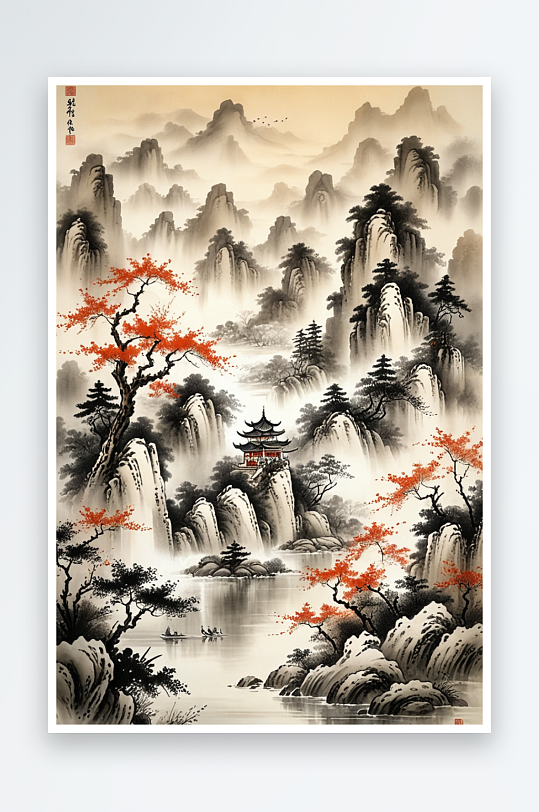 中国画风格山水风景