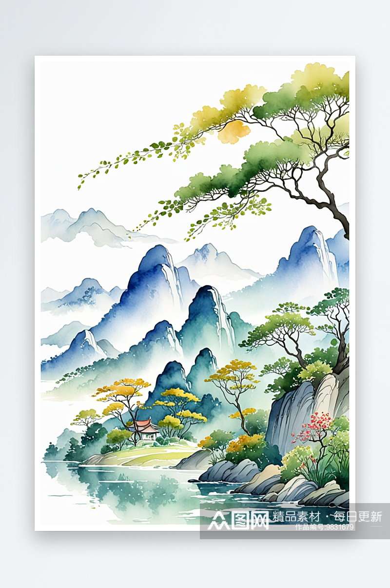手绘中国风小清新水彩风格山水风景插画素材