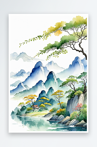 手绘中国风小清新水彩风格山水风景插画