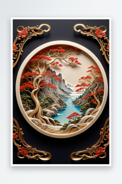 精美传统中国山水浮雕艺术摆件