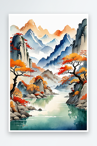 复古国画画轴水彩风格山河秋色插画背景图