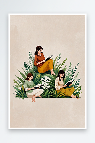 坐在绿色植物丛中看书的女孩多看绿色保护眼