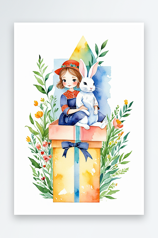 坐在礼物盒上的少女和玩偶兔手绘水彩插画
