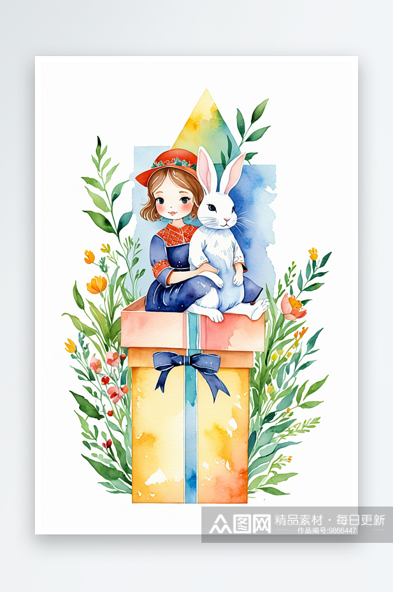 坐在礼物盒上的少女和玩偶兔手绘水彩插画素材