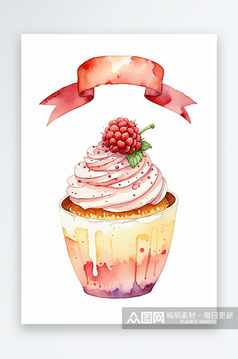 装饰了一个小树莓的茶杯蛋糕水彩手绘插画素材