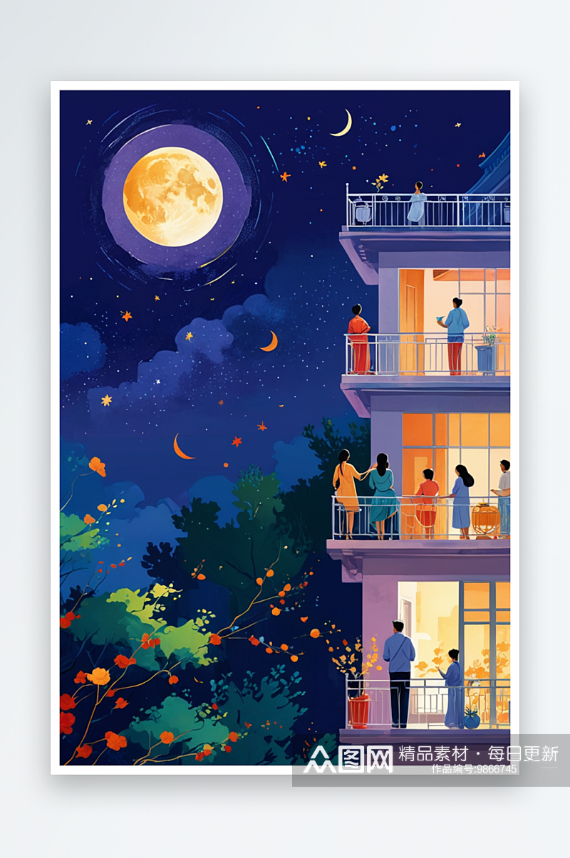 中秋节居民楼阳台上赏月的人们插画素材